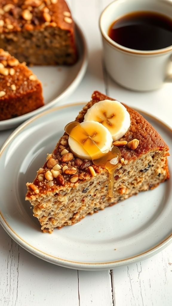 A slice of quinoa breakfast cake with banana slices and honey on a plate, accompanied by a cup of coffee.